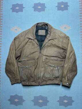 Vintage St. John’s bay leather bomber jacket plaid lined brown men’s medium